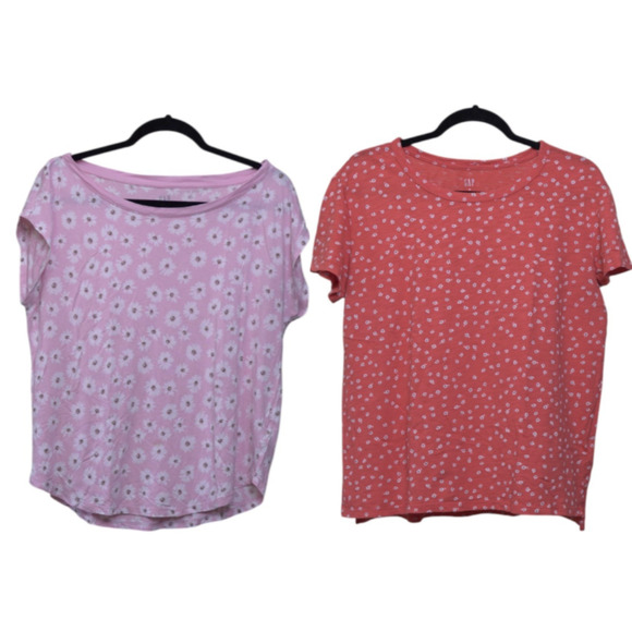 Gap Floral Pink & Red T-Shirts 2PK Boxy Crew Neck Cap Short Sleeve Sz M Cottage - Picture 1 of 16